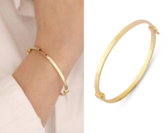 14K Gold Sturdy Oval Bangle | 3mm Hinged Bracelet, Wide Bangle, Stackable Jewelry, Sparkley Cuff Bracelet, Engraved Bangle, Mom's Day Gift