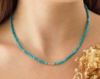 14k Gold Turquoise Beaded Necklace | Sky Blue Natural Gem December Sagittarius Birthstone