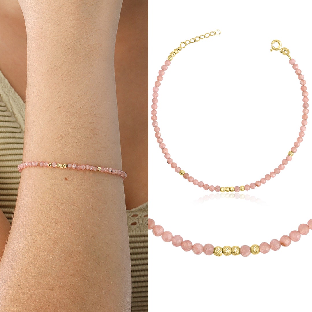 14k Gold Pink Moonstone Bracelet Pink Natural Stone Bracelet