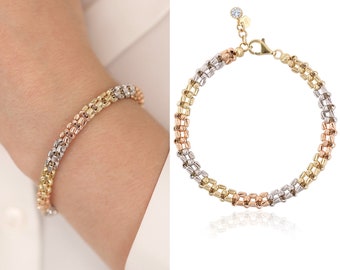 14K Gold 3-Tone Faceted Dorica Beaded Chain Bracelet | Dorica Ball Braided Chain Wristband, Chunky Three Color Gold Jewelry, Gift for Her