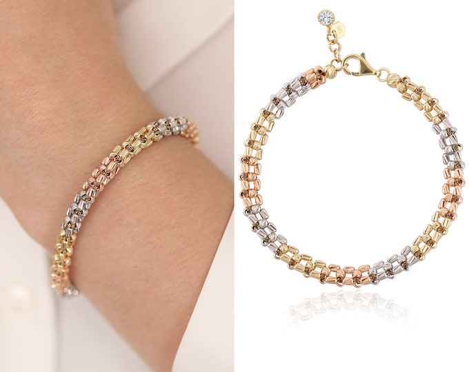 14K Gold 3-Tone Faceted Dorica Beaded Chain Bracelet | Dorica Ball Braided Chain Wristband, Chunky Three Color Gold Jewelry, Gift for Her