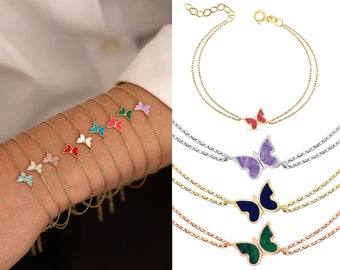 14k Gold Butterfly Bracelet | Blue, Green, Purple, Pink, White, Red Butterfly Bracelet, Handmade Enamel, Gift for Teenagers, Memorial Gift