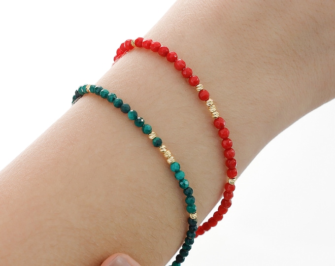 14k Gold Malachite Stone Bracelet | Healing Stone Bracelet, Natural Stone Beaded Bracelet, Dainty Protection Bracelet, Spiritiual Gift