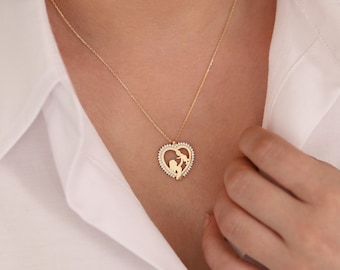 Mother & Baby Necklace 14k Gold | Mom and Child Pendant, Heart Shaped Motherhood Pendant, Family Jewelry, Baby Shower Gift, Mothers Day Gift