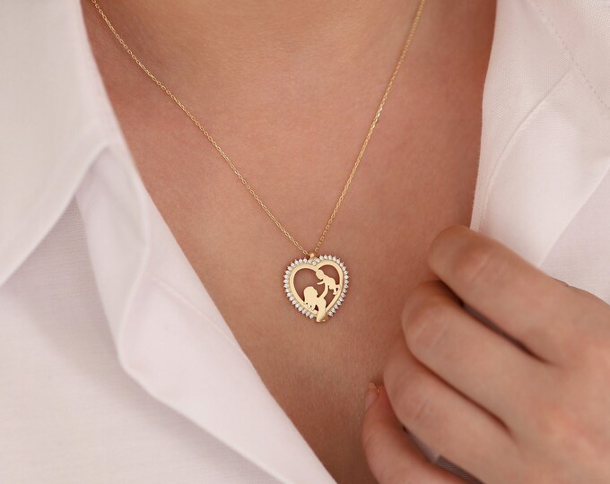 Mother & Baby Necklace 14k Gold | Mom and Child Pendant, Heart Shaped Motherhood Pendant, Family Jewelry, Baby Shower Gift, Mothers Day Gift