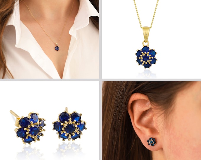 14k Gold Sapphire Hexagon Earrings Set | Handmade Jewelry, Dainty Blue Stud Earrings, Honeycomb Jewelry, September Birthstone, Gift for Her