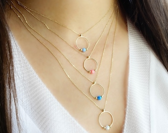 14k Gold Opal Gemstone Round Circle Pendant | Minimalist Round Fiery Opal Necklace, October Birthstone Blue,Pink,White Opal October Birthday