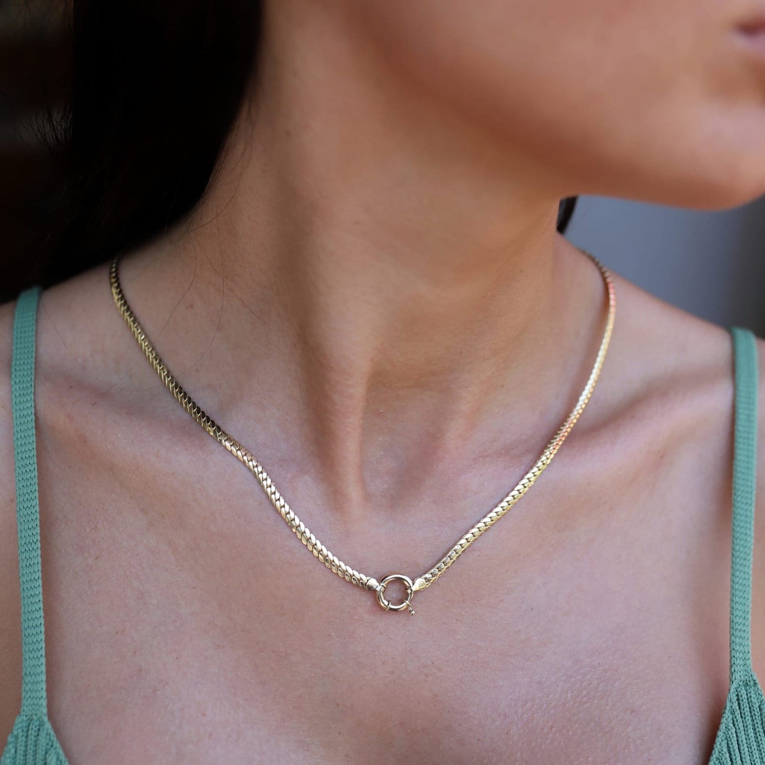 Heart Charm Sailor Lock Herringbone Chain Necklace 14k Gold 