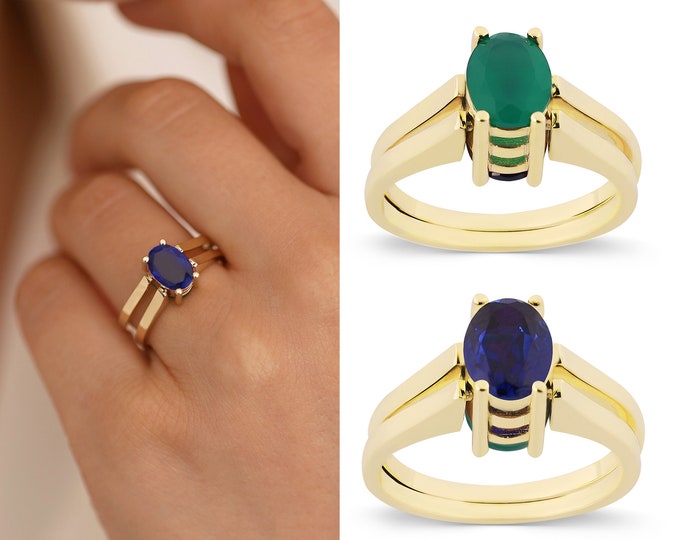 Emerald & Lapis Lazuli Reversible Ring | 14k Gold Two in One Ring, Two-Side Oval Gemstone Ring, Two Stone Ring, Versatile Ring, Gift for Her