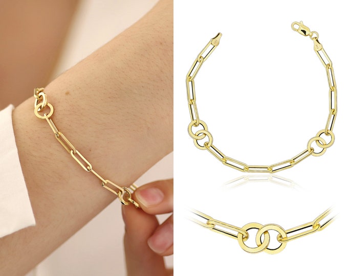 14k Gold Paperclip and Round Link Chain Bracelet | Paperclip Chain with Double Ring, Dainty Circle Bracelet, Stacking Bracelet, Gift for Her