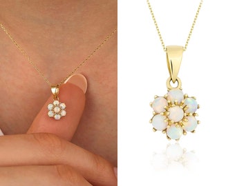 14K Gold White Opal Flower Necklace | Handmade Fine Floral Jewelry, Hexagon Libra Birthstone, Chic Design, Birthday Present, Gift For Her,