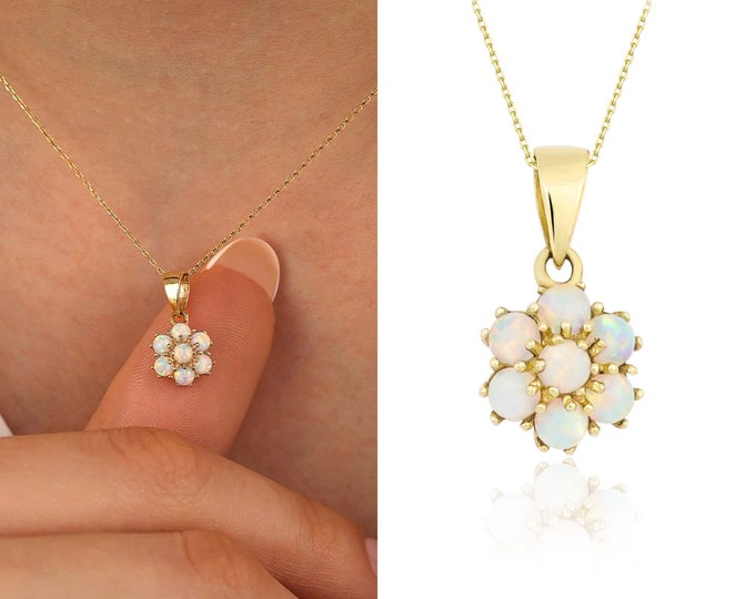 14K Gold White Opal Flower Necklace | Handmade Fine Floral Jewelry, Hexagon Libra Birthstone, Chic Design, Birthday Present, Gift For Her,