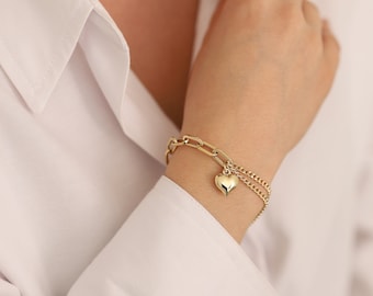 Double Curb Chain & Paperclip Thick Link, Puffed Heart Pendant,Handmade Wedding Jewelry | 14k Gold Heart Bracelet | Anniversary Gift for Her