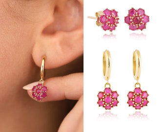 14k Gold Ruby Hexagon Flower Dangle Earrings | Honeycomb Ruby Drop Earrings, Handmade Jewelry, July Birthstone, Gift for Her, Ruby Jewelry