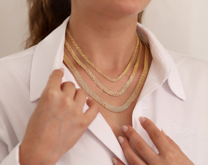 14k Gold Italian Mesh Chain Necklace | 8mm Bismarck Chain Necklace, Retro Thick Mesh Chain, Vintage Style Jewelry, Anniversary Gift for Her