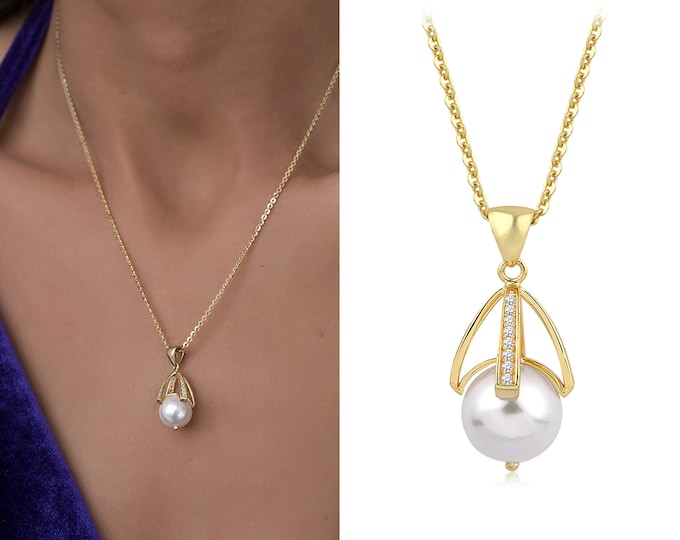 14k Gold AAA Quality Pearl Pendant | Freshwater Pearl Elegant Pendant, Gold Cage Pearl Charm Necklace, Zircon Gemstone | Gift for Her