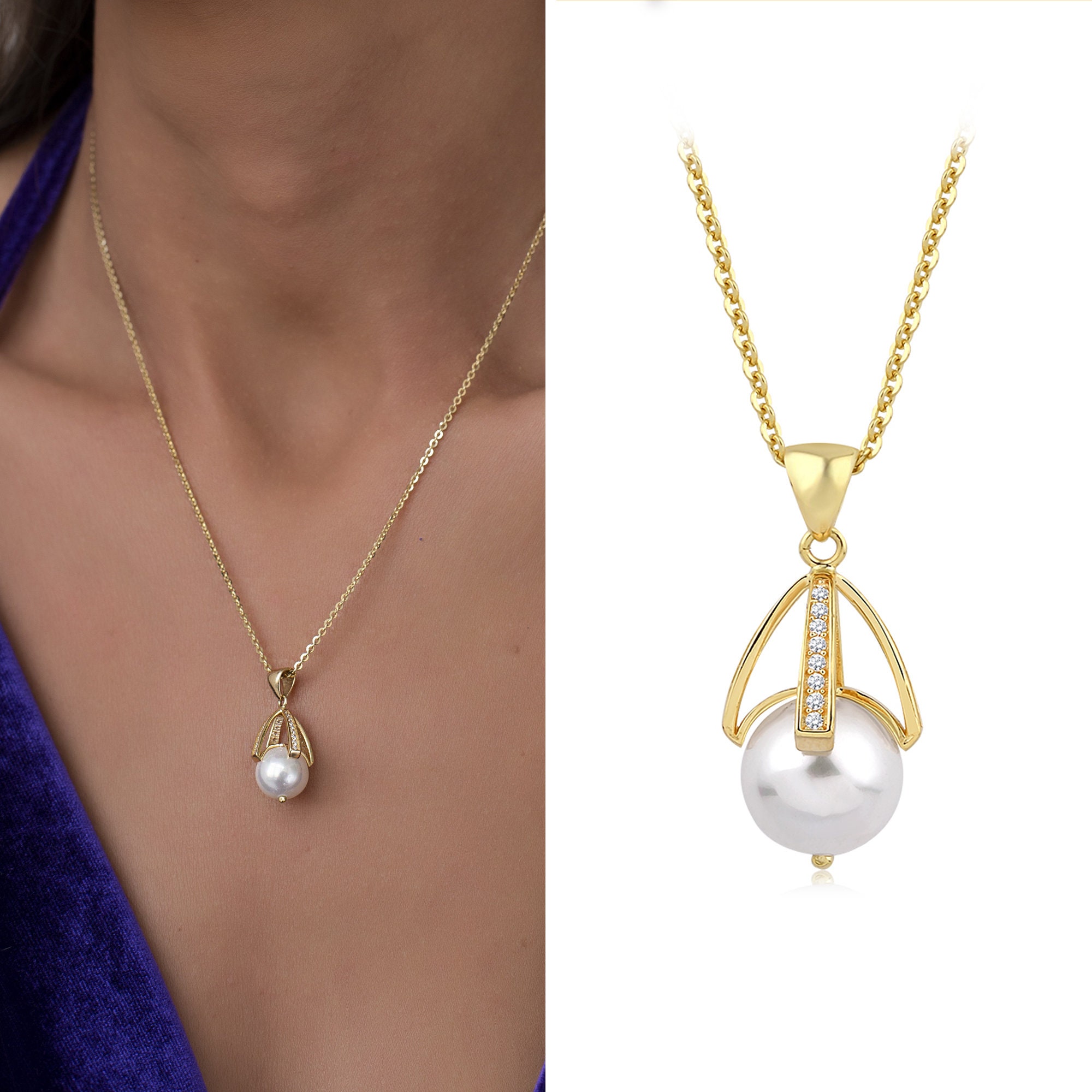 14K Gold Pearl Cage Pendant- Round Cage Pearl Necklace - Black Pearl Cage Pendant 8K Yellow Gold Cultured Pearl Pendant