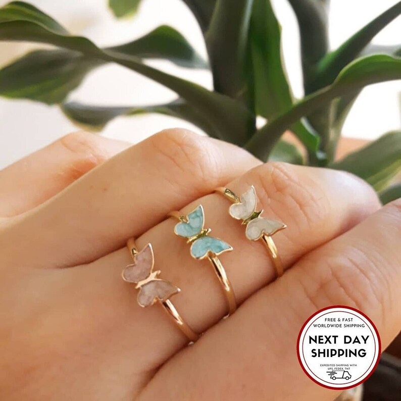 Dainty Butterfly Ring, 14K Gold Stacking Enamel Ring w/ Blue Pink Color, Minimalist Everyday Fine Jewelry as Gift for Her 