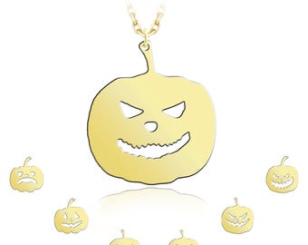 14k Gold Halloween Pumpkin Necklace | Spooky Jack-O-Lantern Necklace