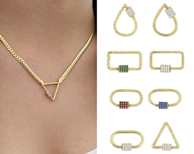 Triangle Carabiner Enhancer with Diamond | 14k Gold Carabiner Clasp, Herringbone Chain Charm Necklace, Carabiner w/ Gemstones, Gift for Her