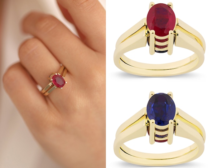 14k Gold Ruby & Lapis Lazuli Reversible Ring | Two Side Oval Gemstone Ring, Two in One Ring, Two Stone Ring, Versatile Ring, Gift for Her