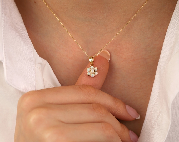 14K Gold White Opal Flower Necklace | Handmade Fine Floral Jewelry, Hexagon Libra Birthstone, Chic Design, Birthday Present, Gift For Her,