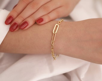 14K Gold Paperclip Link Chain Bracelet | Bold Jewelry, Stylish Chain Bracelet, Heavy Link Chain Jewelry, Sturdy Bracelet, Graduation Gift