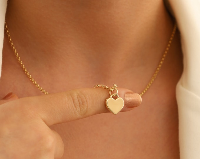 14k Gold Rolo Chain w/Flat Heart Pendant | Dainty Layering Necklace, Stackable Daily Jewelry, Christmas Gift, Valentines Day, Gift for Her