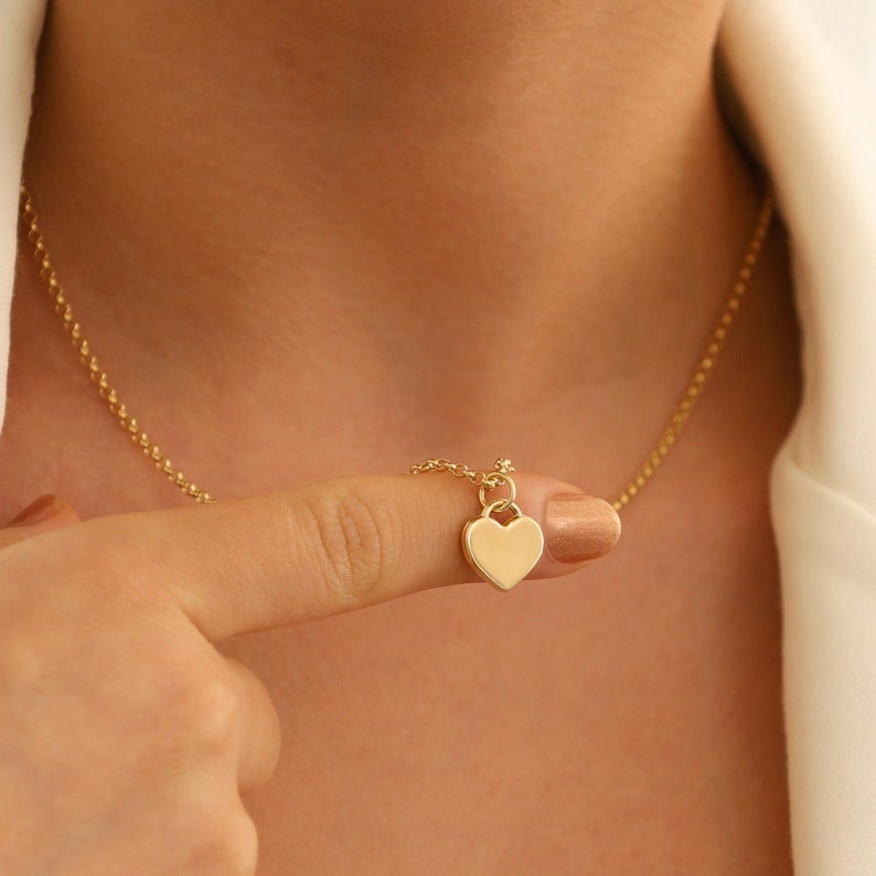 14k Gold Rolo Chain w/Flat Heart Pendant | Dainty Layering Necklace, Stackable Daily Jewelry, Christmas Gift, Valentines Day, Gift for Her