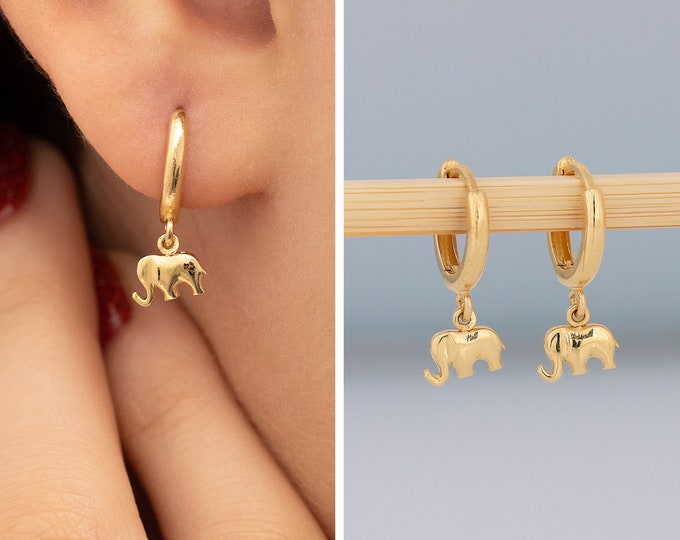 14K Gold Elephant Earrings | Dangle Drop Earrings, Minimal Jewelry, Accessory For Good Luck, Ganesha Earrings, Animal Jewelry, Gift For Her