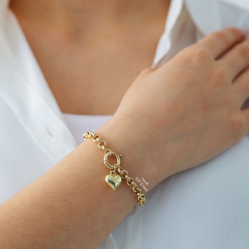 14k Gold Rolo Link Bracelet With Heart Charm Thick Belcher Etsy