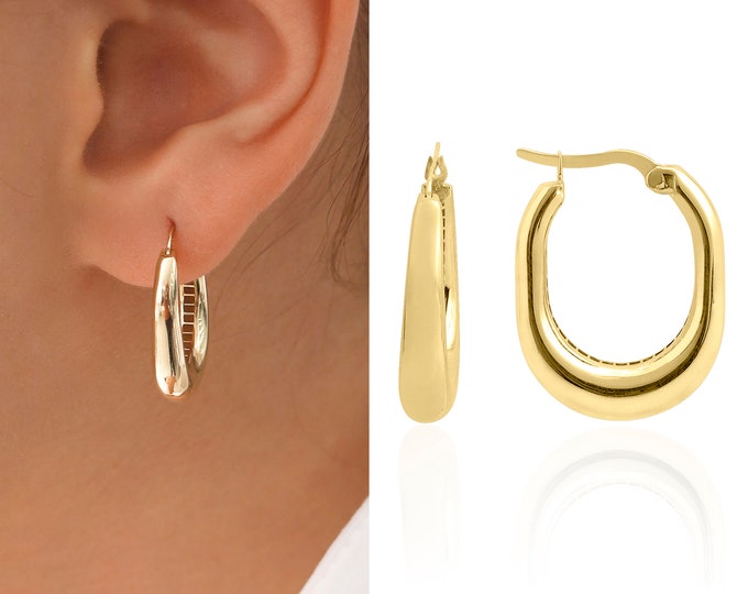 14k Gold OVAL Rectangle Hoop Earrings | Minimalist Huggie Earrings, Chunky Everyday Jewelry, Christmas Gift, Bridesmaid Gift, Gift for Her