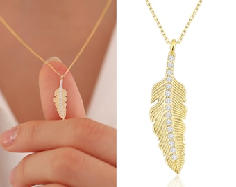 14k Gold Tiny Feather Necklace | Bird Feather Pendant, Minimalist Dainty Statement Necklace, Nature Lover, Birthday Gift | Gift for Her