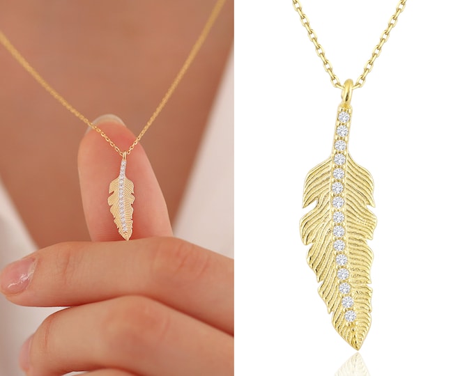 14k Gold Tiny Feather Necklace | Bird Feather Pendant, Minimalist Dainty Statement Necklace, Nature Lover, Birthday Gift | Gift for Her