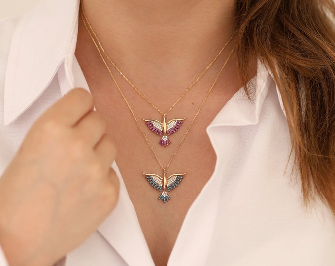 14K Gold Big Blue Turquoise Phoenix Necklace | Firebird Pendant, Dainty Pink Ruby Simurgh Charm, Fine Handmade Jewelry, Anniversary Gift