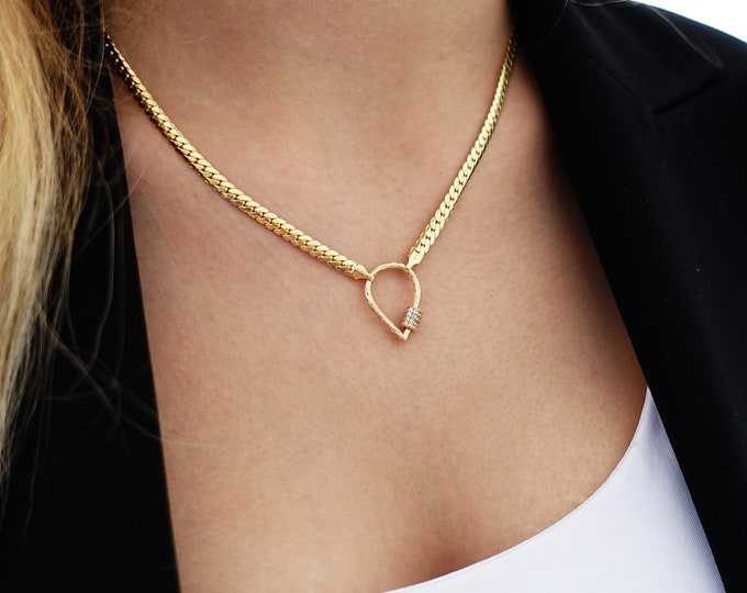 Triangle Carabiner Enhancer with Diamond | 14k Gold Carabiner Clasp, Herringbone Chain Charm Necklace, Carabiner w/ Gemstones, Gift for Her