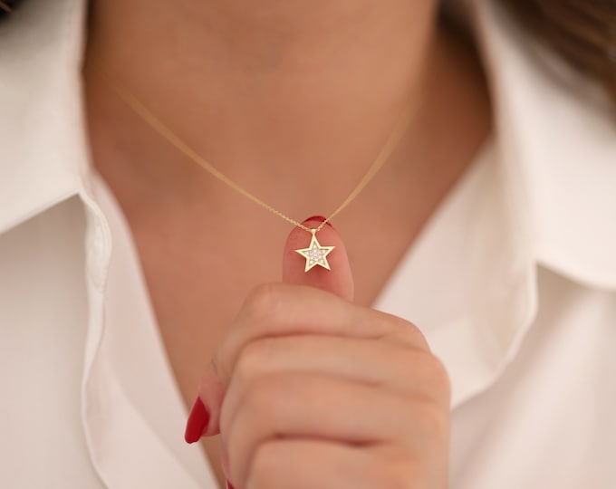 14K Gold Star Charm Necklace W/ CZ | Celestial Jewelry, Sparkley Star Necklace, Eye-Catching Jewelry, Anniversary Gift, Gift For Her