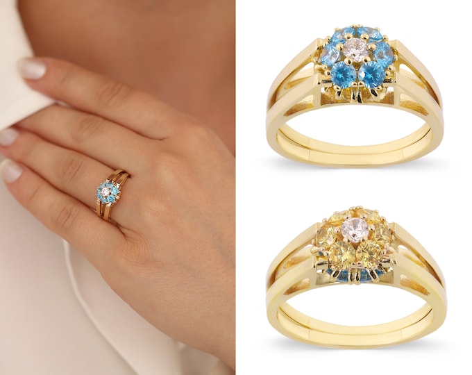 Aquamarine & Citrine Reversible Ring | 14k Gold Flower Gemstone Ring, Two in One Ring, Hexagon Stone Ring, Gift for Her, Anniversary Gift