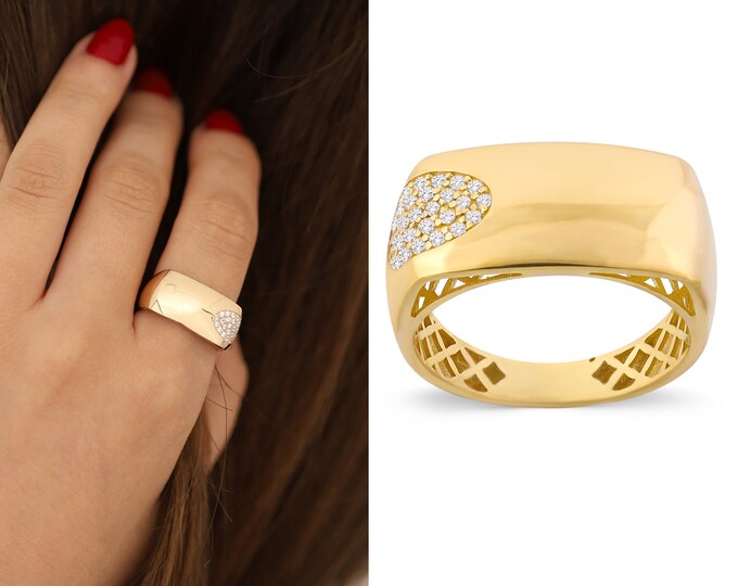 14k Gold Thick Rectangular Ring | Chunky  Fore Finger Ring, Statement Ring, Stunning Bold Dome Ring, Chic Jewelry, Valentines Day Gift