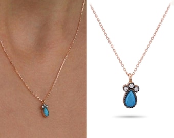 14k Gold Turquoise Teardrop Necklace | Minimalist Dainty Pendant with Gold Dots Bezel Setting | Blue December Birthstone | Gift for Her
