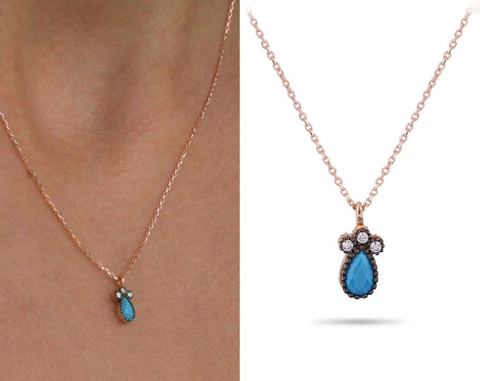 14k Gold Turquoise Teardrop Necklace | Minimalist Dainty Pendant with Gold Dots Bezel Setting | Blue December Birthstone | Gift for Her