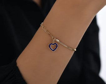 Blue Heart, Hamsa, Lotus, Flower Charm Bracelet | 14k Gold Semi Eternity Double Large Link & Snake Chain w/ Lobster Claw | Gift for Her