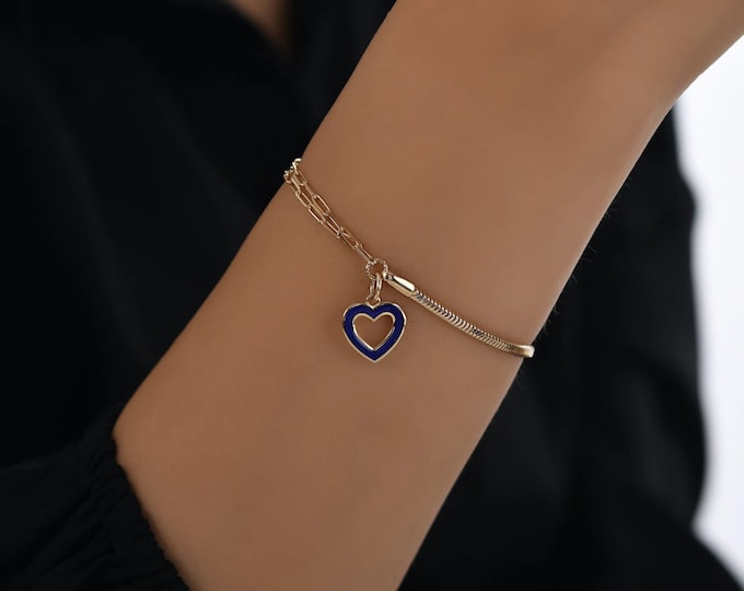 Blue Heart, Hamsa, Lotus, Flower Charm Bracelet | 14k Gold Semi Eternity Double Large Link & Snake Chain w/ Lobster Claw | Gift for Her