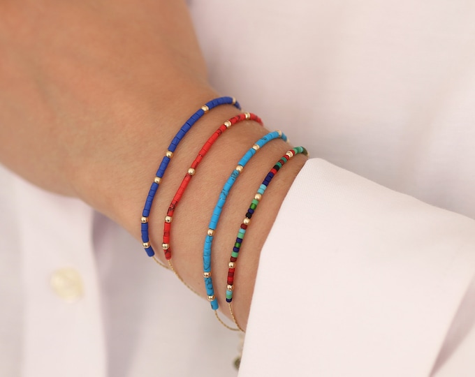Mixed Natural Stones Bracelet with 14k Gold Beads | Lapis / Coral / Turquoise Bracelet, Engravable Gold Coin, Minimal Jewelry, Gift for Her