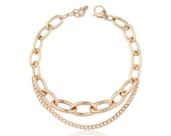 Oval Large Links, Paperclip & Curb Chain, Dual Color Stacking Bracelet |  14k Gold Double Chain Graduated Links Bracelet | Gift for Her