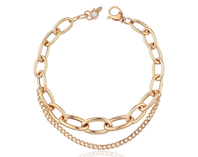 Oval Large Links, Paperclip & Curb Chain, Dual Color Stacking Bracelet |  14k Gold Double Chain Graduated Links Bracelet | Gift for Her