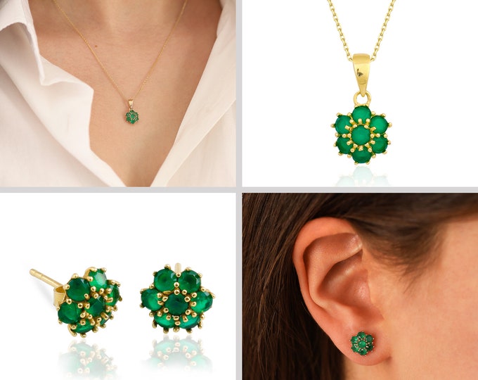 Hexagon Flower Emerald Necklace | Honeycomb Green Emerald Dainty Pendant with Gold Chain | May Birthstone Gem | Valentine's Day Gift