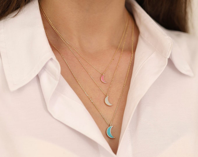 Luminous Crescent Moon Necklace | 14k Gold Moon Necklace, Glow in the Dark Moon Pendant, Luminescent Celestial Jewelry, Birthday Gift