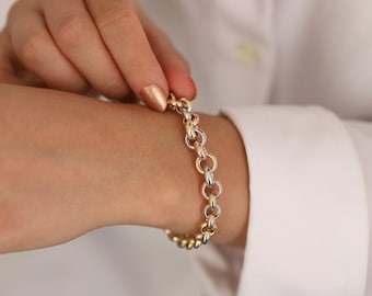 14k Gold Heavy Rolo Bracelet | Three Color Belcher Chain Statement Jewelry