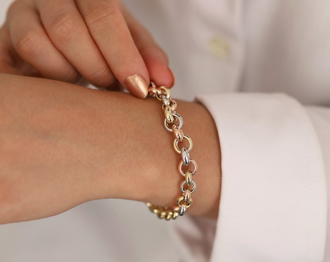 3 Color Heavy Rolo Bracelet | 14k Gold Large Rolo Links, Round Belcher Chain, Statement Bracelet, Thick Chain for Women, Gift for Her